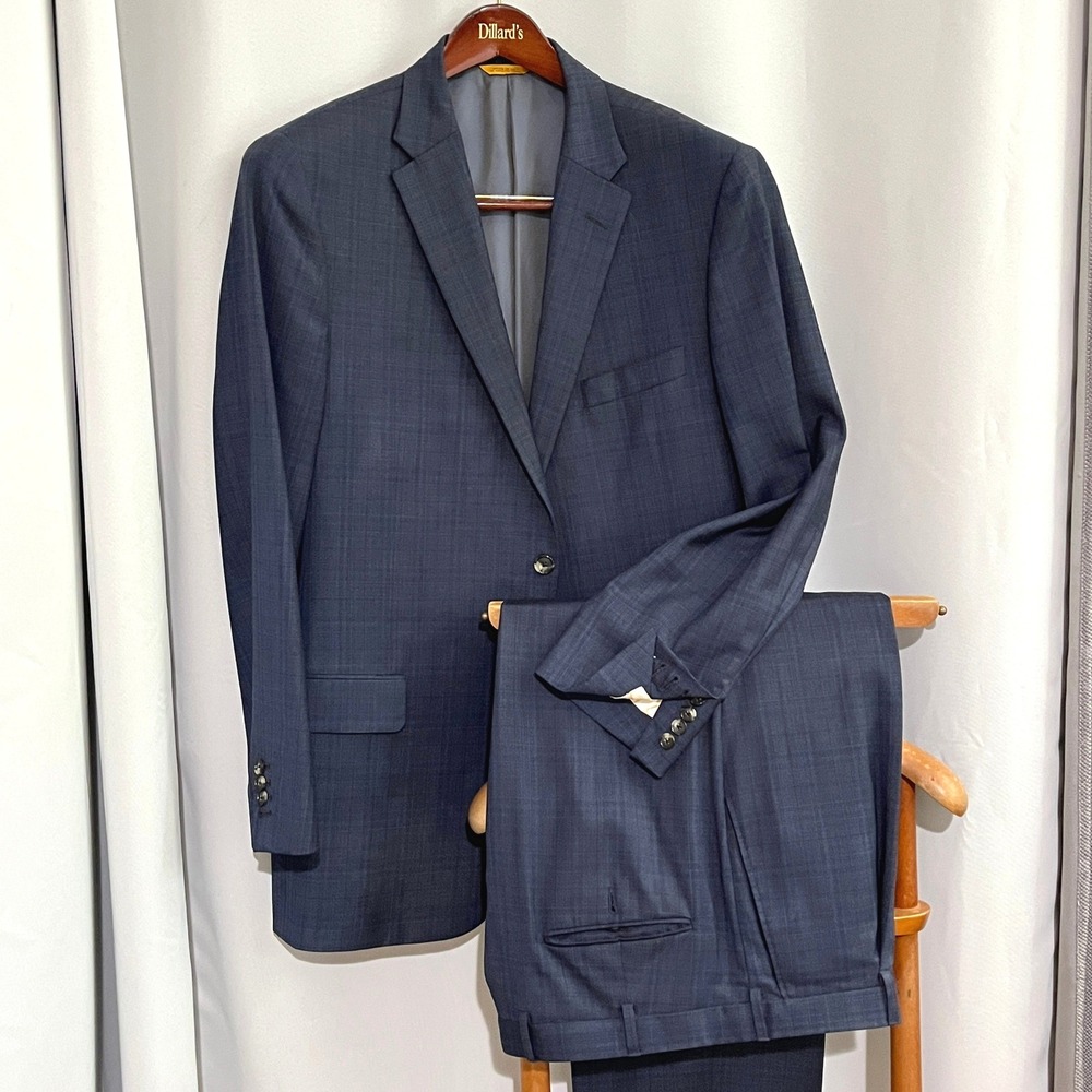 Hickey Freeman Traveler Loro Piana Rain System Blue Glen Plaid Wool Suit 44L 38W